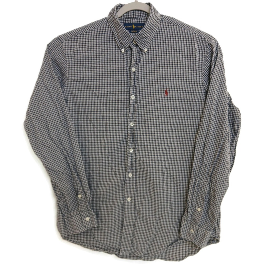 Ralph Lauren Shirt Mens Large Blue White Check Custom Fit Button‎ Down Cotton